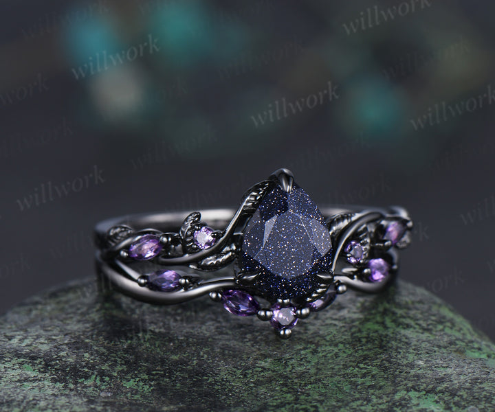Nature inspired pear blue sandstone ring set 14k black gold unique twig vine teardrop galaxy gemstone ring amethyst band bridal set