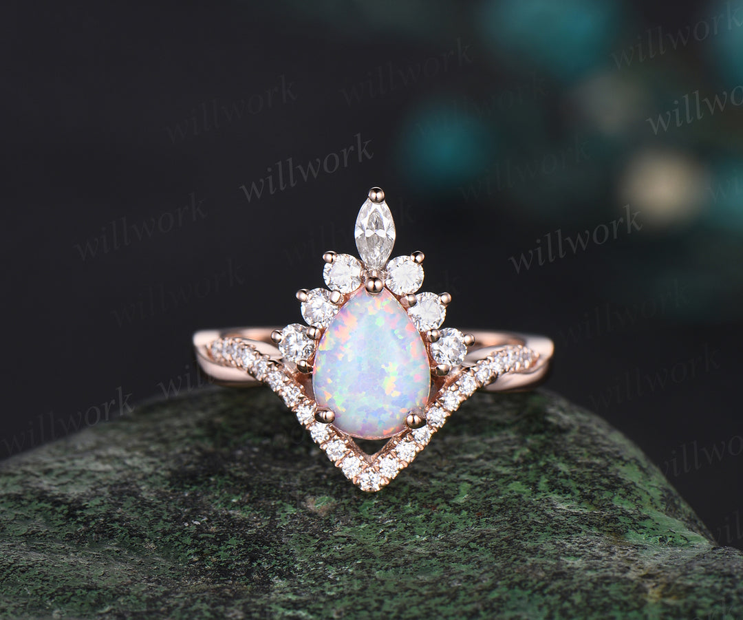 Pear shaped white opal engagement ring set halo moissanite Pink tourmaline infinity bridal set women
