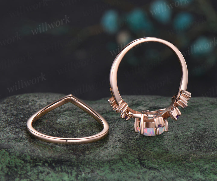 Hexagon white opal engagement ring rose gold twisted leaf amethyst moissanite bridal anniversary ring set women