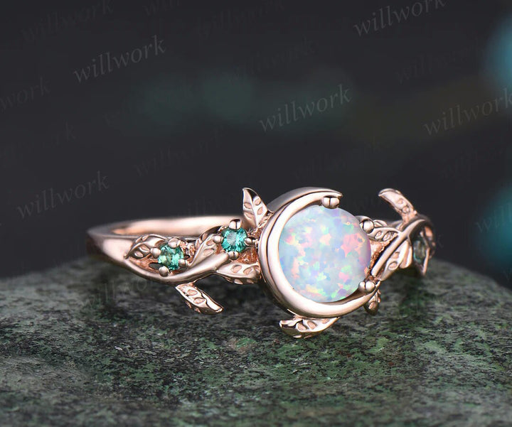Art Deco Round Cut white Opal Bridal Ring Unique Emerald Leaf Moon Star Nature Inspired Engagement Ring 14k Rose Gold Promise Gift