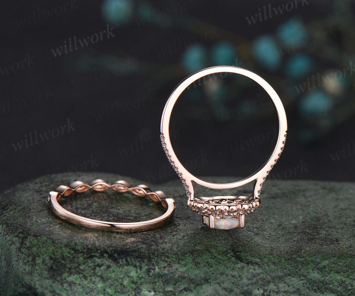 Round white opal engagement ring double halo moissanite solid 14k rose gold half eternity unique wedding bridal ring set