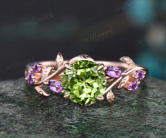 Unique Round Cut August Birthstone Natural Peridot Engagement Ring Art Deco Amethyst Leaf Vine Twig Branch Nature Inspired Ring 14k Rose Gold Bridal Ring For Women