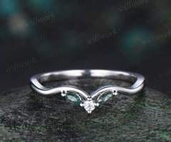 Curved marquise moss agate wedding band moissanite stackable ring unique art deco ring anniversary gifts