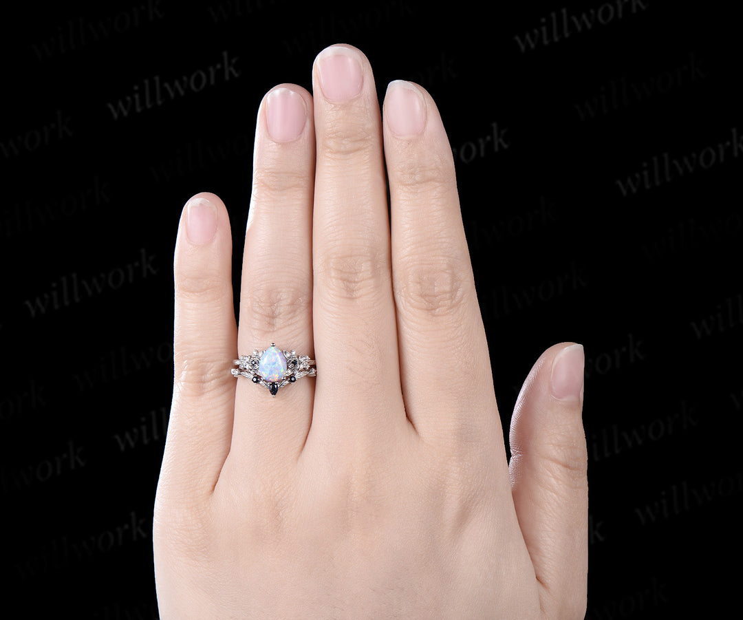 Pear opal engagement ring white gold leaf floral unique cluster blue sandstone diamond bridal wedding ring set women gift