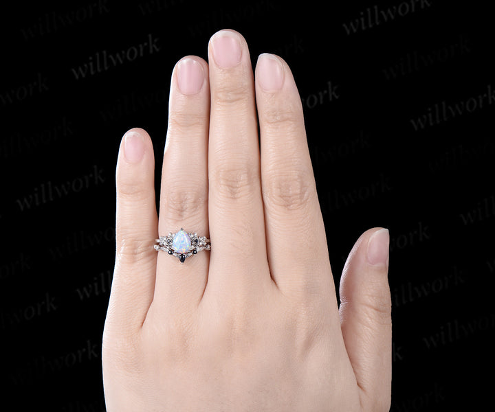 Pear opal engagement ring white gold leaf floral unique cluster blue sandstone diamond bridal wedding ring set women gift