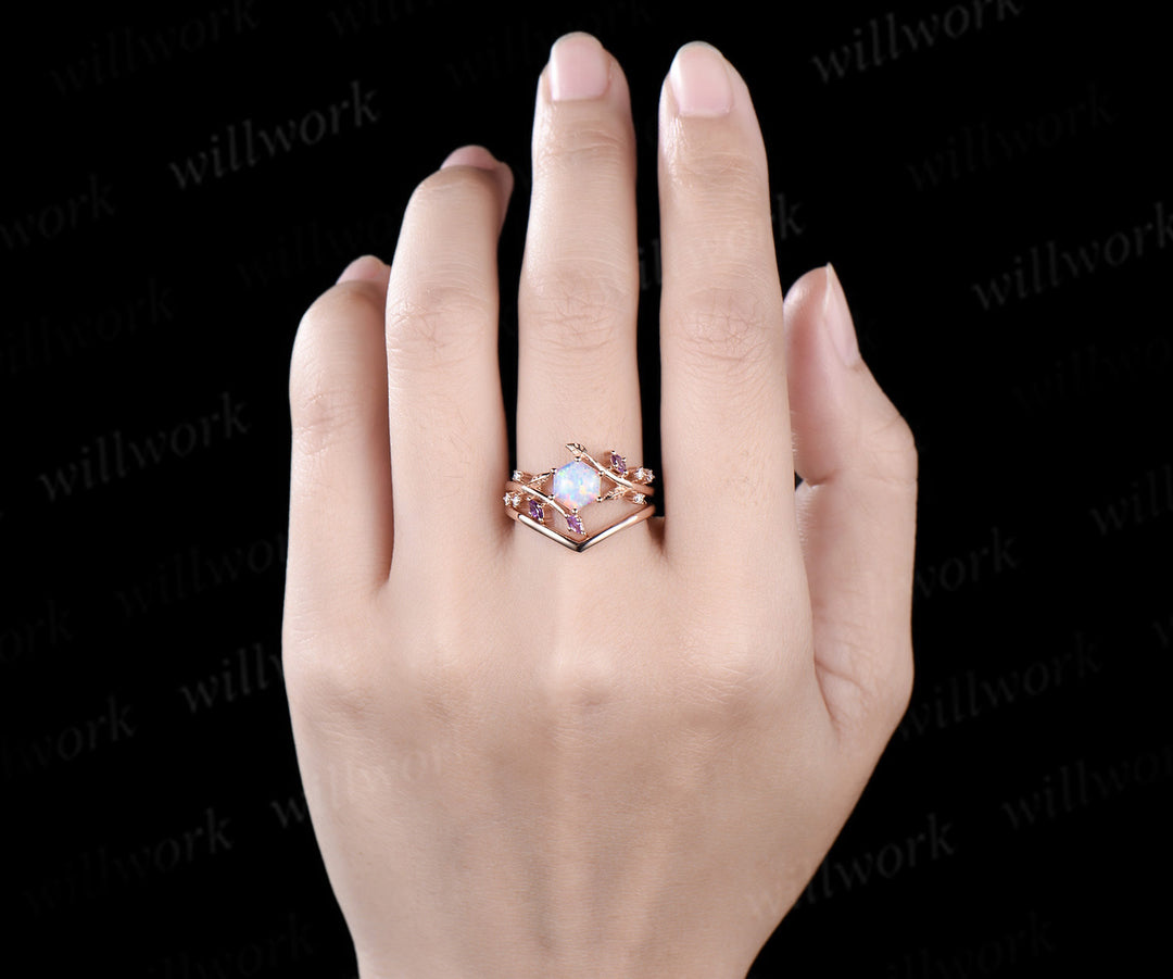 Hexagon white opal engagement ring rose gold twisted leaf amethyst moissanite bridal anniversary ring set women