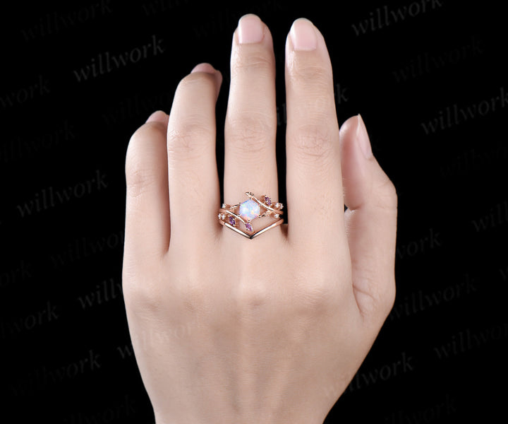 Hexagon white opal engagement ring rose gold twisted leaf amethyst moissanite bridal anniversary ring set women