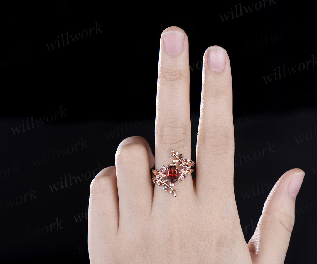 Vintage oval garnet engagement ring nature inspired leaf amethyst ring wedding band enhancer twisted bridal ring set women