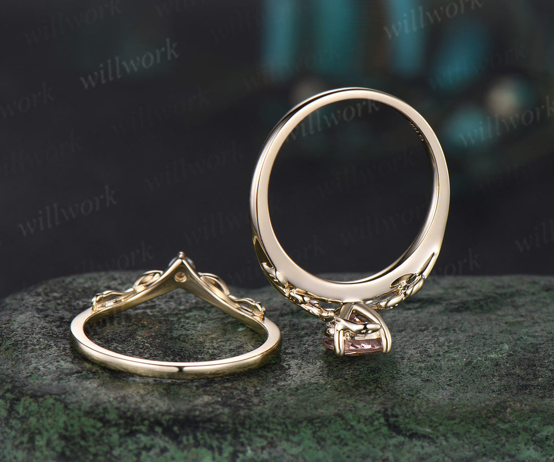 Pear shaped morganite Engagement Ring Solitaire leaf nature inspired solid 14k yellow gold wedding bridal ring set women jewelry