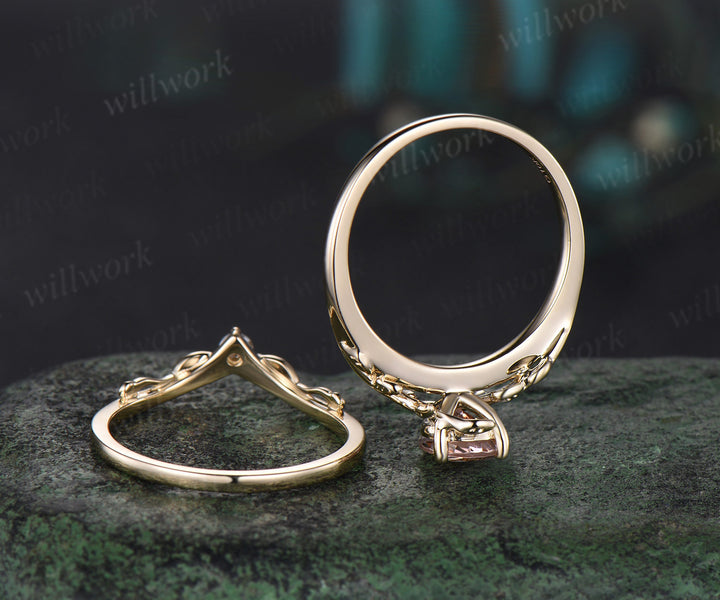 Pear shaped morganite Engagement Ring Solitaire leaf nature inspired solid 14k yellow gold wedding bridal ring set women jewelry