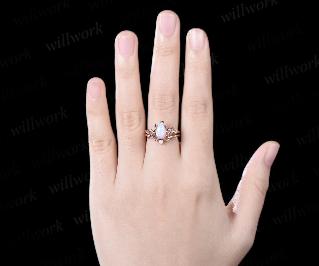Vintage coffin white opal engagement ring rose gold leaf nature inspired amethyst ring women bridal anniversary ring set gift