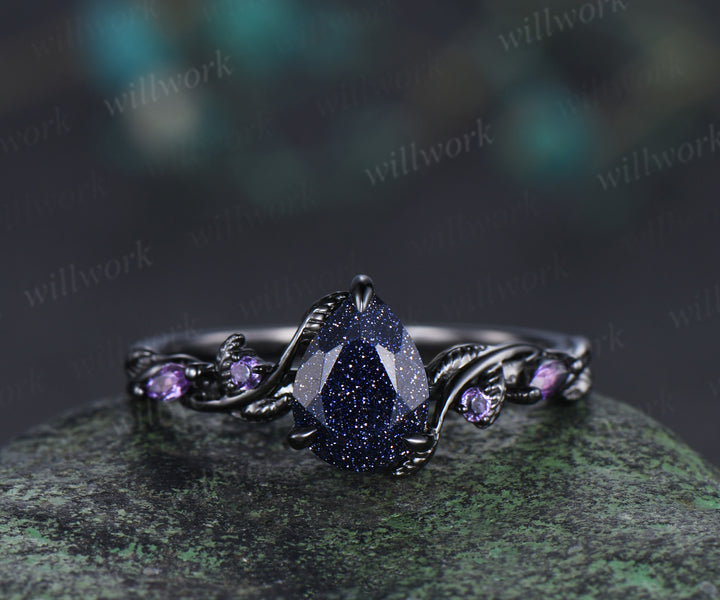 Nature inspired pear blue sandstone ring set 14k black gold unique twig vine teardrop galaxy gemstone ring amethyst band bridal set