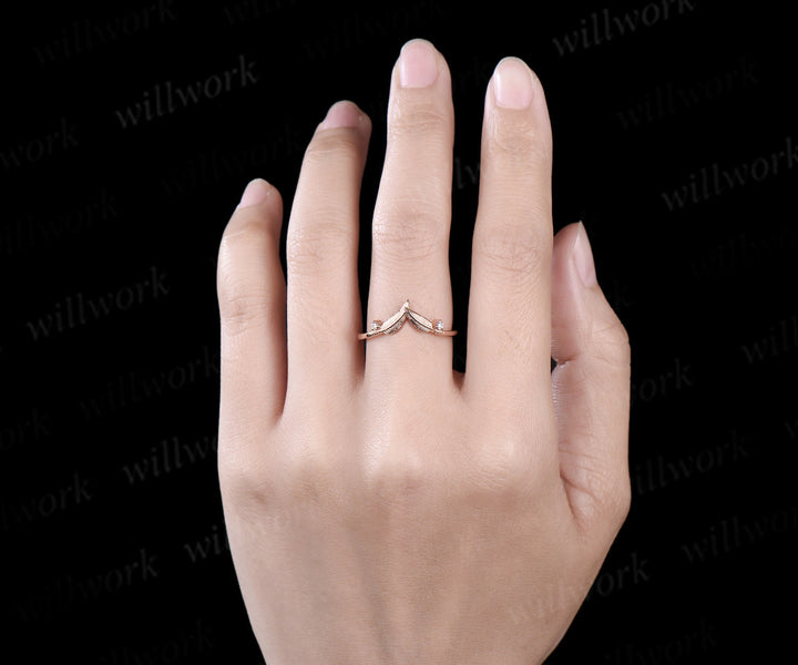 Curved leaf diamond wedding band solid 14k rose gold two stone nature inspired matching stacking bridal wedding ring women