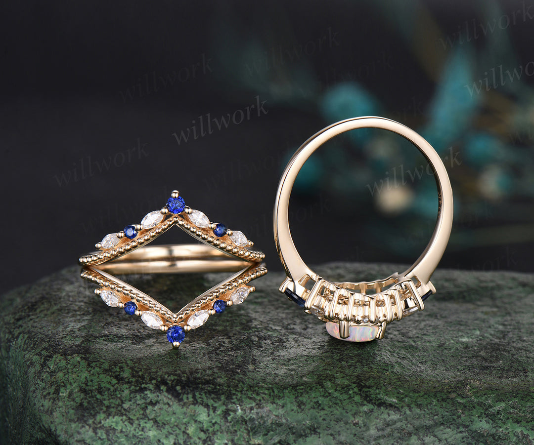 Hexagon white opal engagement ring set 14k yellow gold halo moissanite sapphire wedding ring set