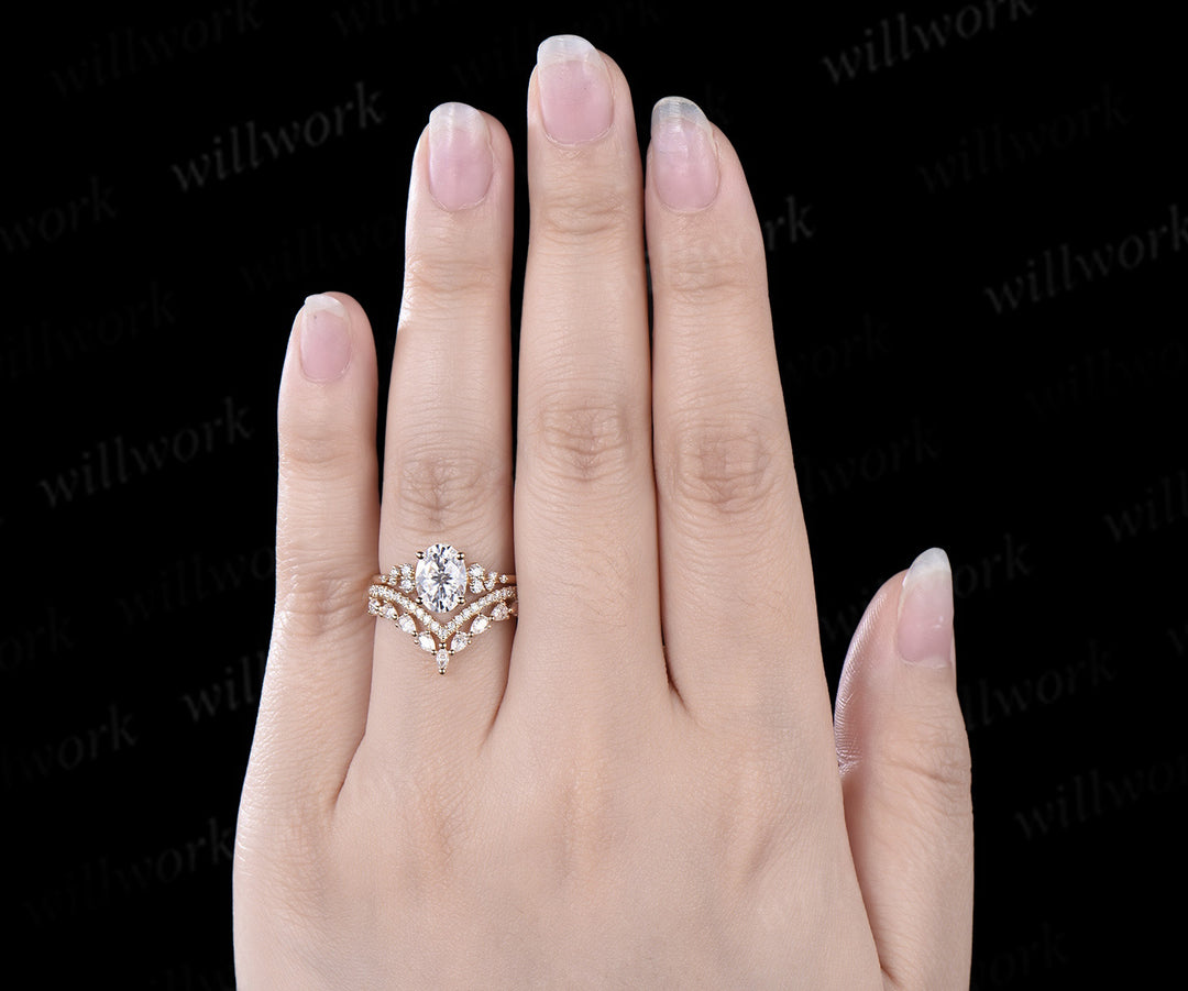 Oval cut moissanite engagement ring 14k yellow gold snowdrift diamond ring vintage unique wedding bridal ring set women