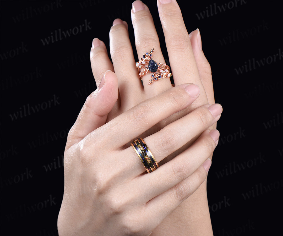 Nature Inspired Pear Galaxy Blue Sandstone Leaf Ring Set & Tungsten Galaxy Nebula Men Blue Sandstone Band Couple Ring Set