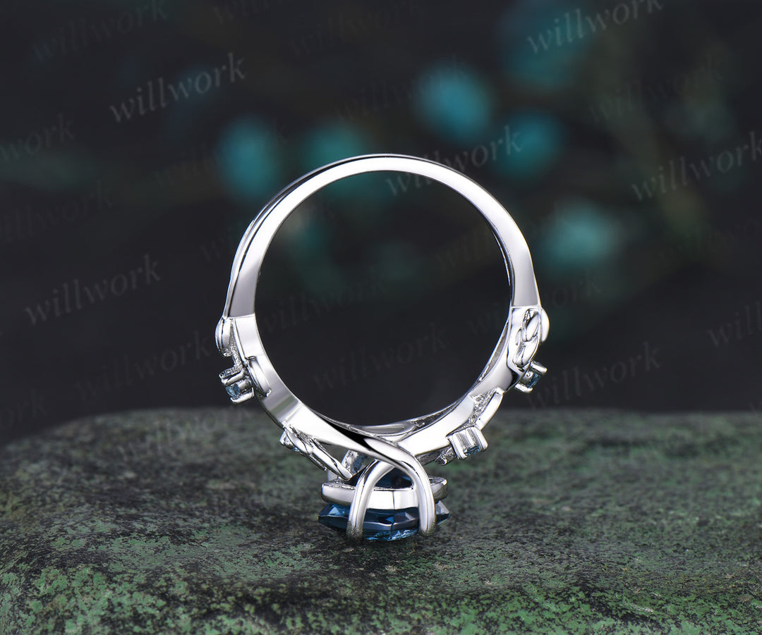 Twig cushion cut London blue topaz engagement ring 14k white gold leaf topaz ring December birthstone ring anniversary ring for women gift