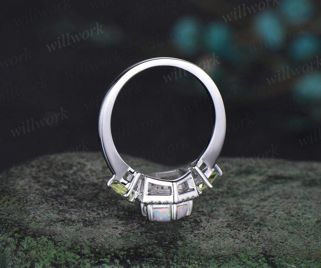 Hexagon Cut white opal Engagement Ring white gold halo emerald ring kite peridot anniversary wedding ring women gift For Her