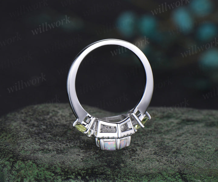 Hexagon Cut white opal Engagement Ring white gold halo emerald ring kite peridot anniversary wedding ring women gift For Her