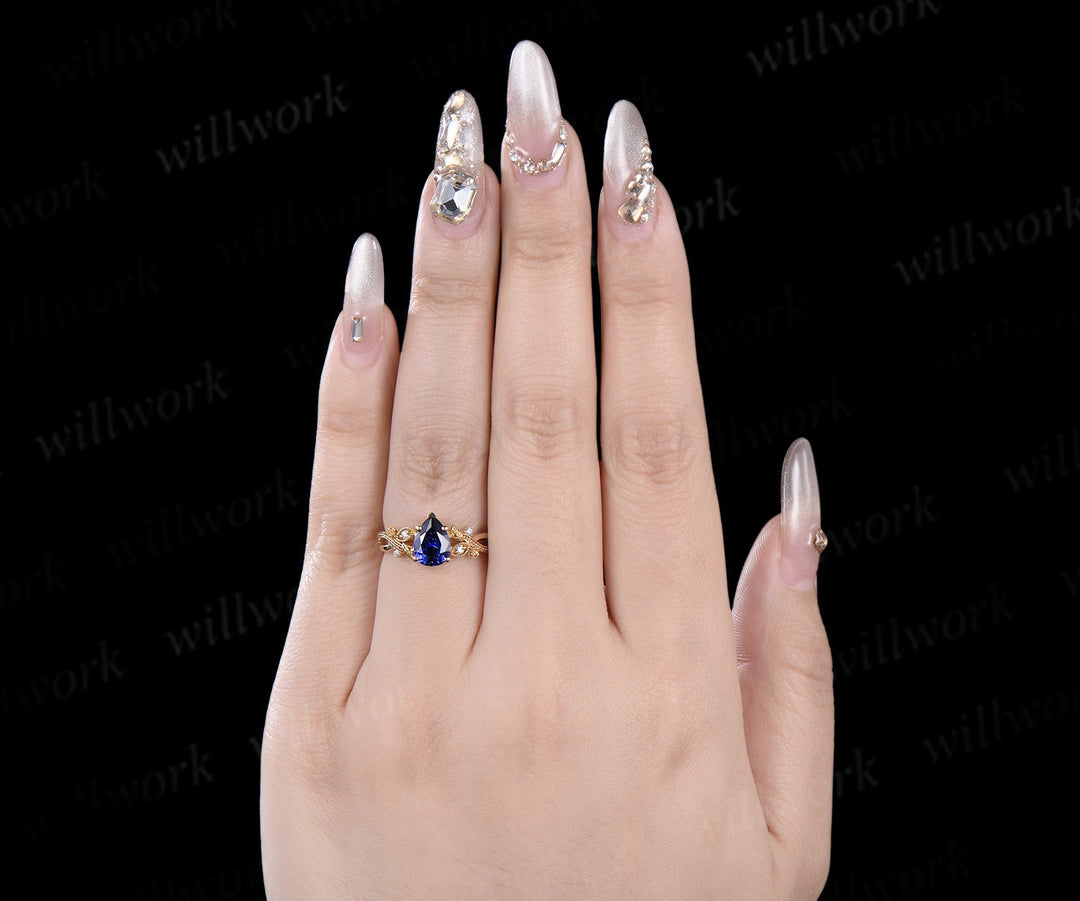 Pear shaped blue sapphire engagement ring yellow gold floral Milgrain twisted leaf diamond wedding anniversary ring women gift