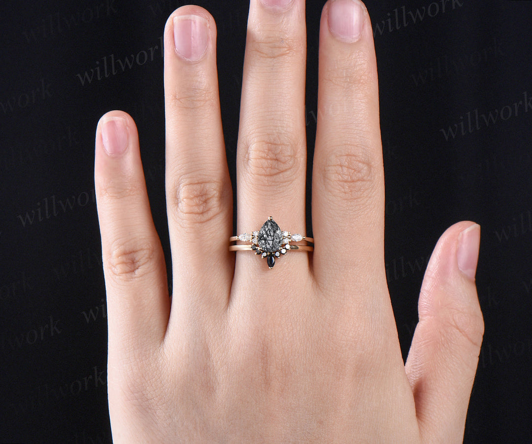 READY TO SHIP: Peardrop Black Rutilated Quartz Engagement Ring Set - Sterling Silver - Ring Size: 6 US