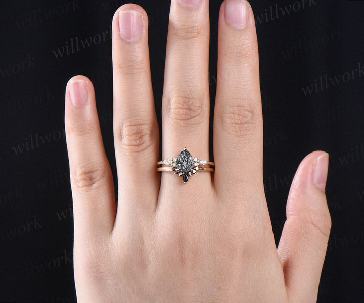 READY TO SHIP: Peardrop Black Rutilated Quartz Engagement Ring Set - Sterling Silver - Ring Size: 6 US