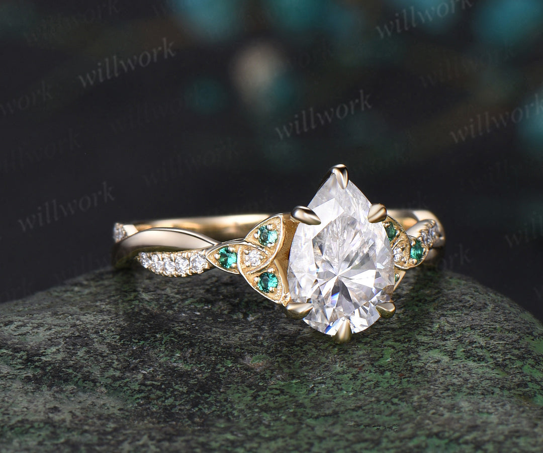 Vintage pear shape IGI lab-grown diamond engagement ring solid 14k yellow gold Celtic knot emerald diamond promise wedding ring women jewelry