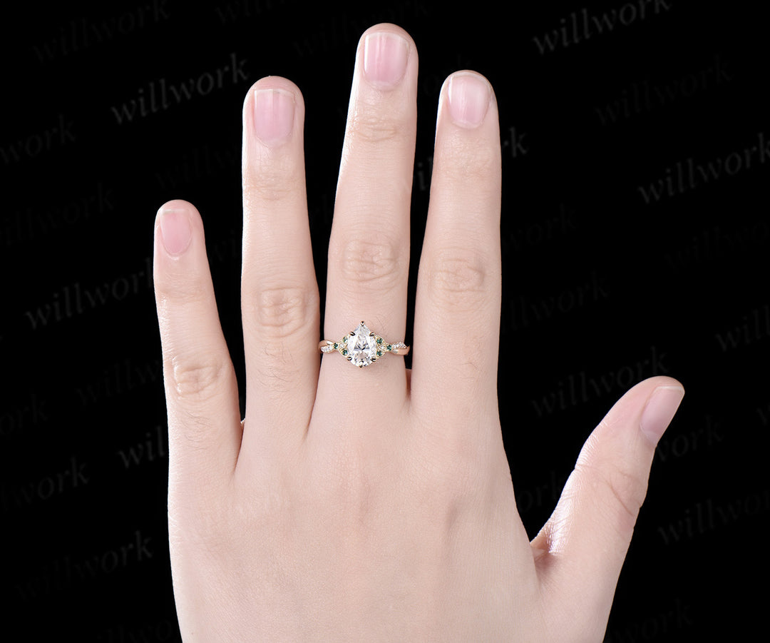 Vintage pear shape IGI lab-grown diamond engagement ring solid 14k yellow gold Celtic knot emerald diamond promise wedding ring women jewelry