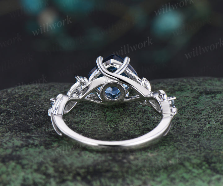 Twig cushion cut London blue topaz engagement ring 14k white gold leaf topaz ring December birthstone ring anniversary ring for women gift