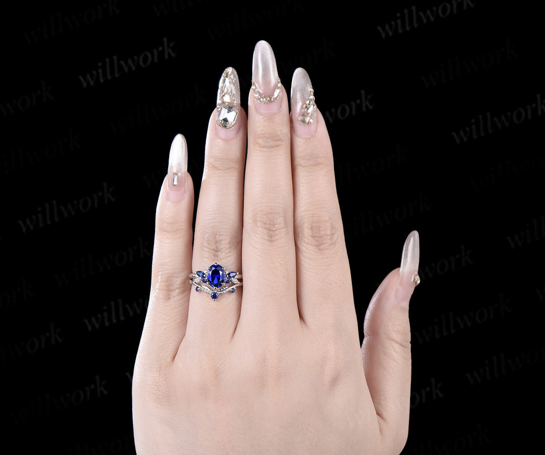 Oval cut blue sapphire engagement ring 6 prong white gold cluster snowdrift bridal anniversary ring set women jewelry