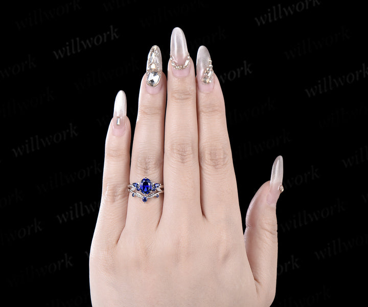 Oval cut blue sapphire engagement ring 6 prong white gold cluster snowdrift bridal anniversary ring set women jewelry