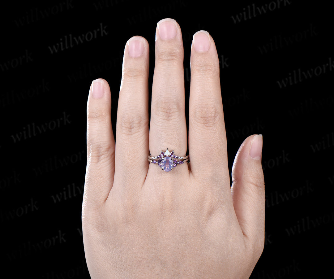 Vintage oval cut Lavender Amethyst engagement ring set white gold opal moissanite ring women stacking Crystal anniversary ring gift