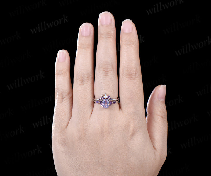 Vintage oval cut Lavender Amethyst engagement ring set white gold opal moissanite ring women stacking Crystal anniversary ring gift
