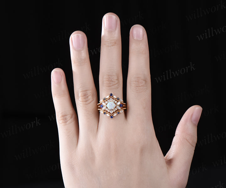 Hexagon white opal engagement ring set 14k yellow gold halo moissanite sapphire wedding ring set