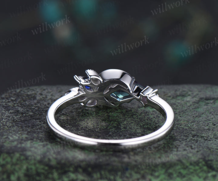 Kite Cut Color-Change Alexandrite Engagement Ring Moon Wedding Ring Cluster Blue Sapphire Amethyst Ring Unique Personalized Promise Rings