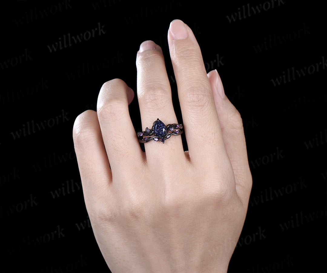 Nature inspired pear blue sandstone ring set 14k black gold unique twig vine teardrop galaxy gemstone ring amethyst band bridal set
