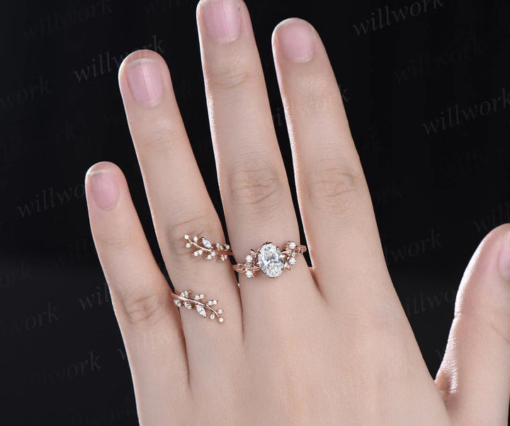 Vintage oval IGI lab grown diamond engagement ring nature inspired leaf branch ring wedding band enhancer twisted bridal ring set