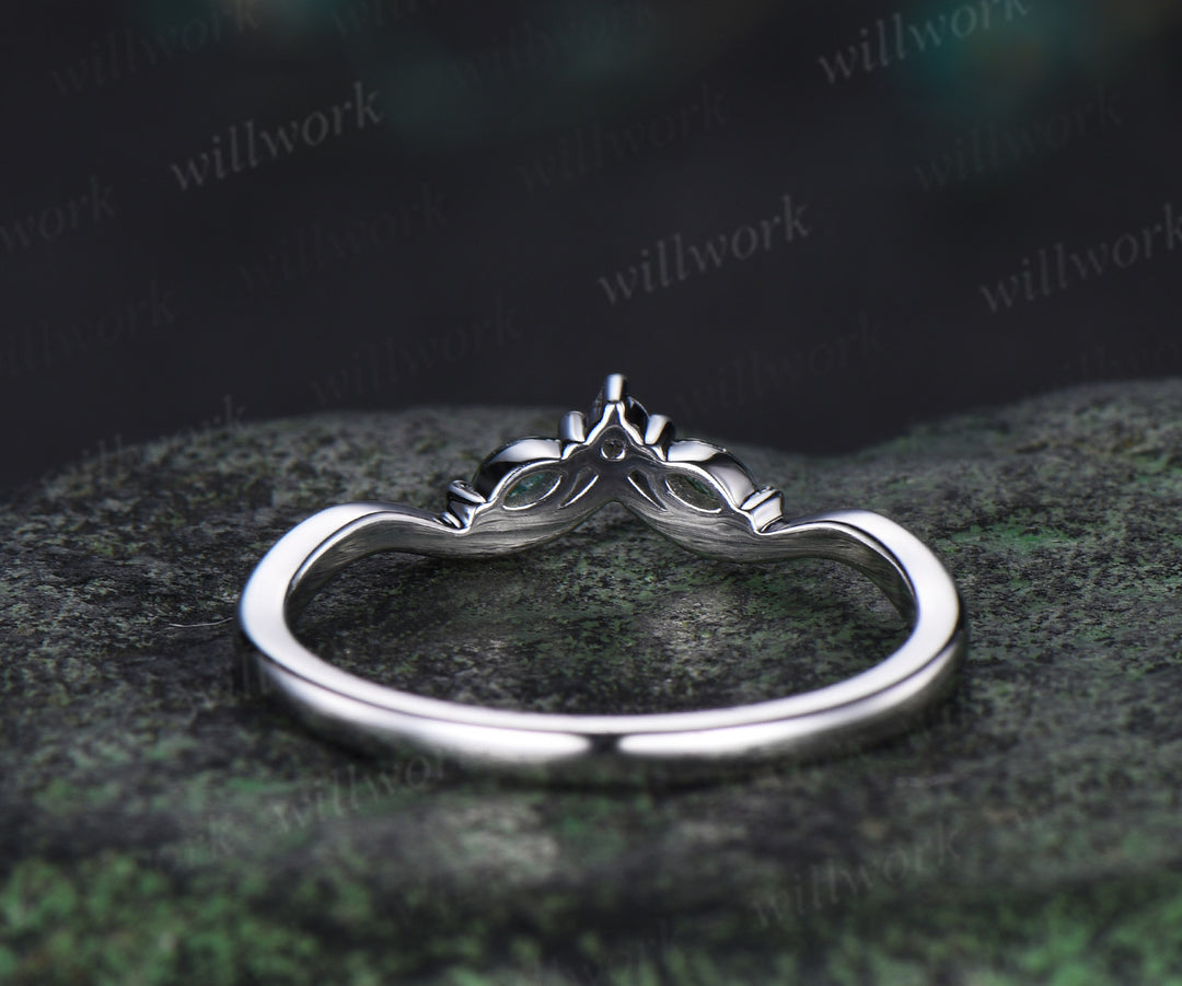 Curved marquise moss agate wedding band moissanite stackable ring unique art deco ring anniversary gifts