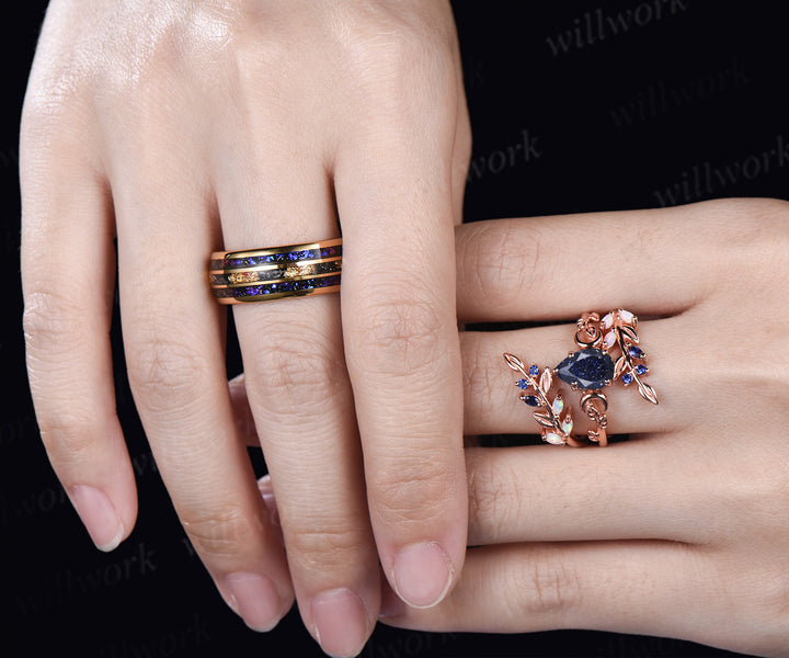 Nature Inspired Pear Galaxy Blue Sandstone Leaf Ring Set & Tungsten Galaxy Nebula Men Blue Sandstone Band Couple Ring Set