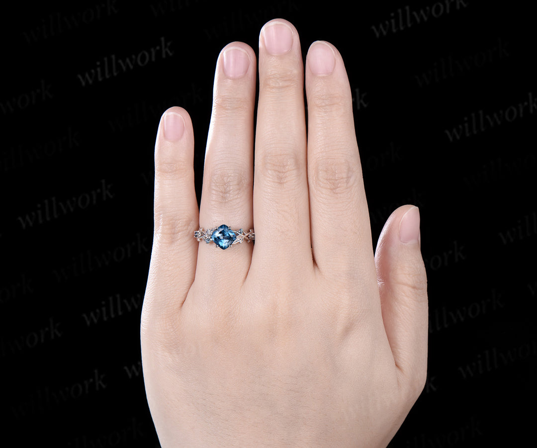 Twig cushion cut London blue topaz engagement ring 14k white gold leaf topaz ring December birthstone ring anniversary ring for women gift