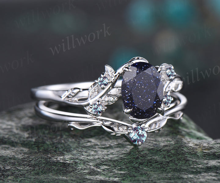 Leaf Vine Twig Branch Nature Inspired Engagement Ring Set Unique Galaxy Oval Cut Blue Sandstone Wedding Ring 14k White Gold Alexandrite Healing Ring 2pcs Bridal Ring Set