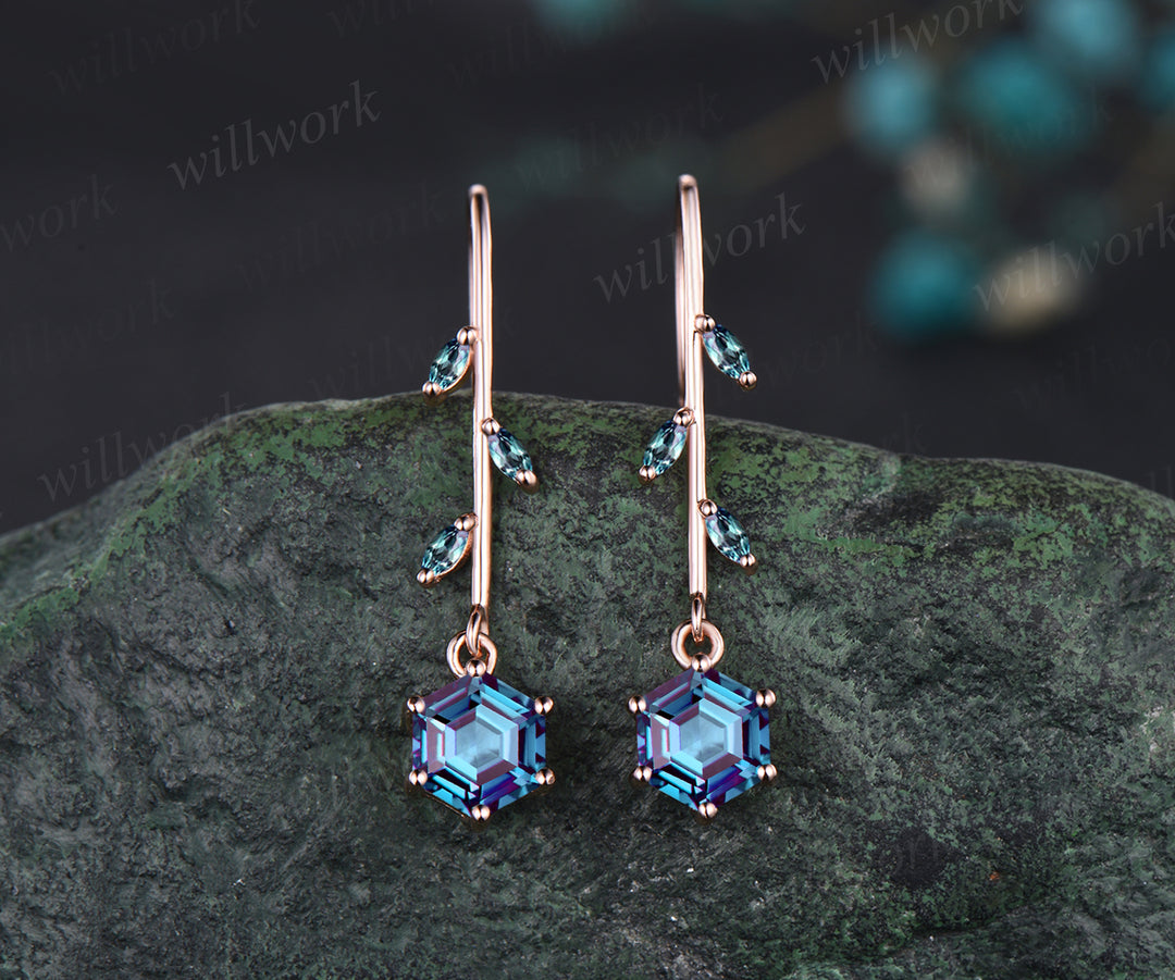 Delicate June Birthstone Alexandrite Drop Earrings Unique Color Change Stone Alexandrite Dangle Earrings 14k Rose Gold Alexandrite Earrings