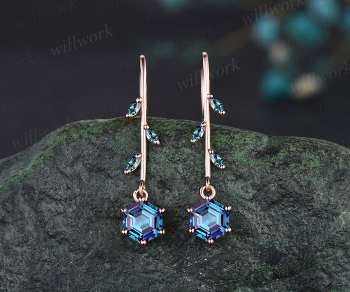Delicate June Birthstone Alexandrite Drop Earrings Unique Color Change Stone Alexandrite Dangle Earrings 14k Rose Gold Alexandrite Earrings