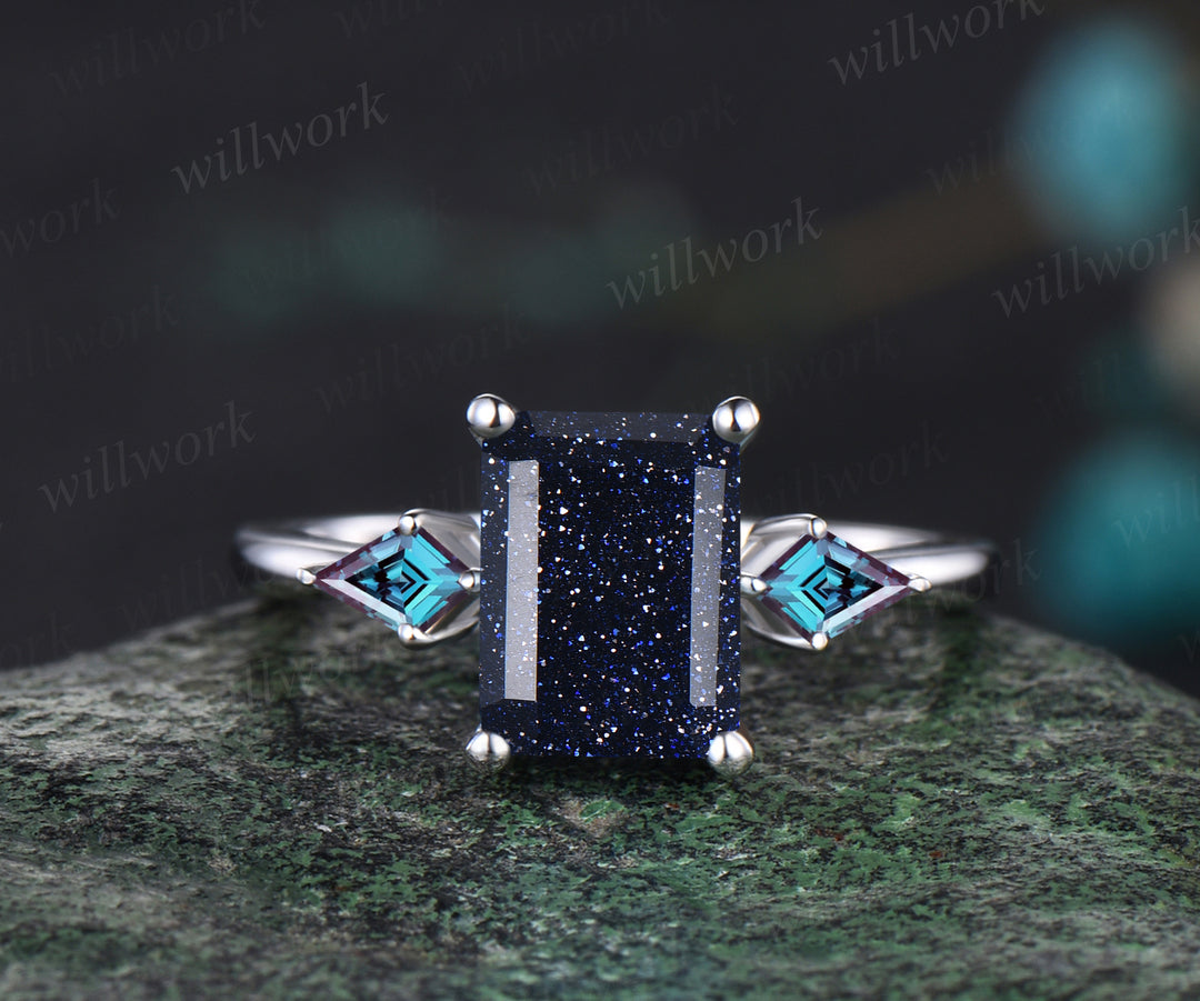 Galaxy Emerald Cut Blue Sandstone Engagement Ring Kite Alexandrite Three Stone Ring 14k White Gold Healing Jewelry Gift