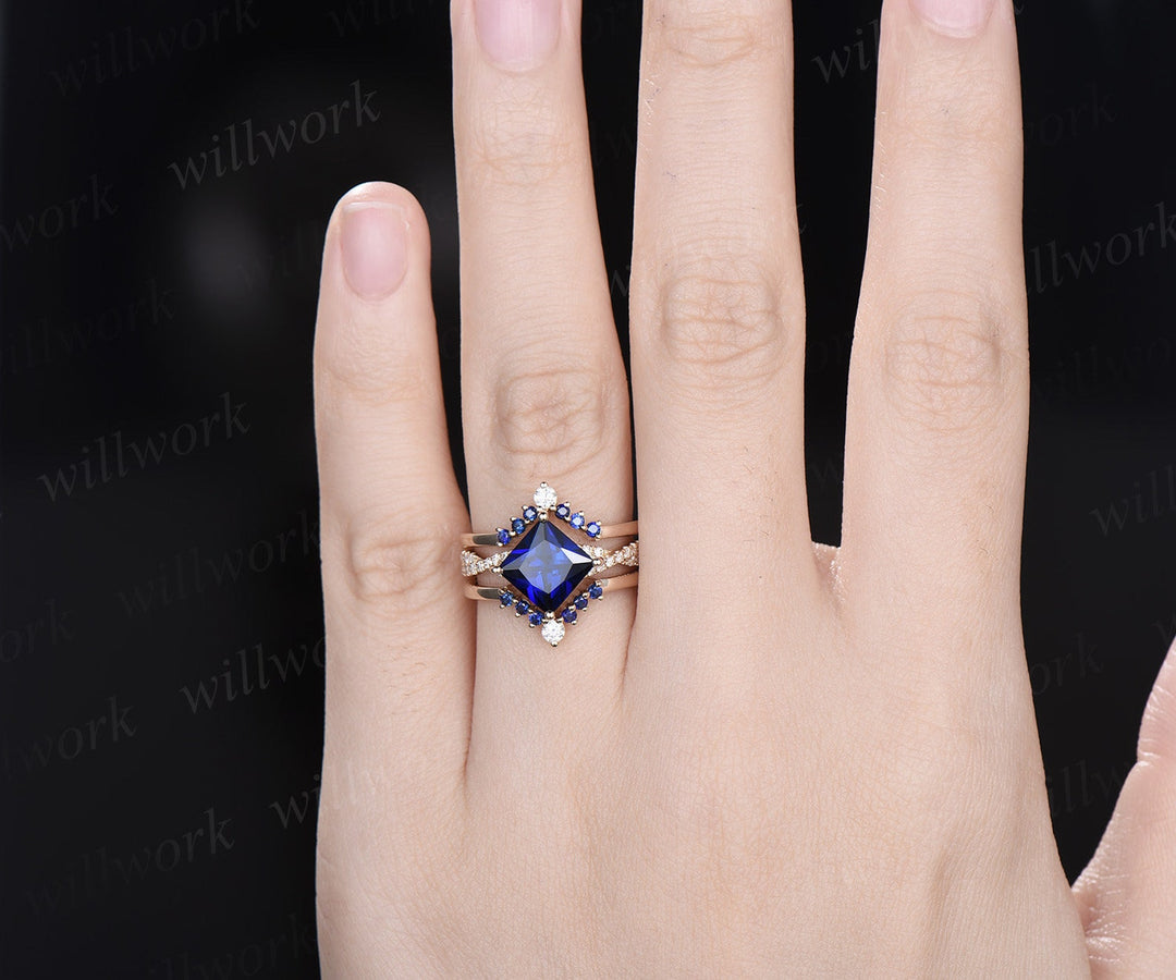3pcs sapphire bridal ring set unique princess cut sapphire engagement ring set white gold vintage infinity diamond ring dainty for women