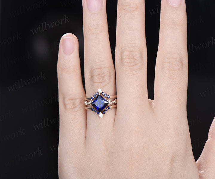 3pcs sapphire bridal ring set unique princess cut sapphire engagement ring set white gold vintage infinity diamond ring dainty for women