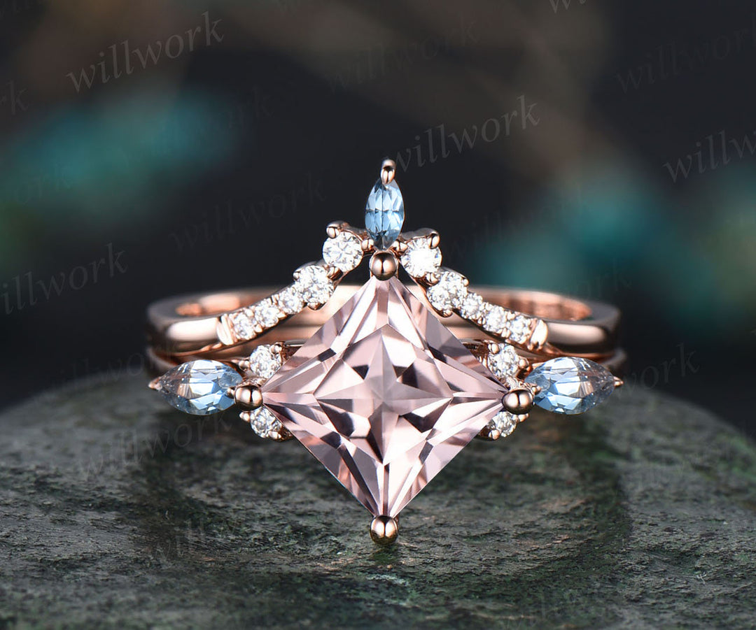 Art Deco Princess Cut Natural Morganite Engagement Ring Set 14k Rose Gold Blue Topaz Moissanite 3pcs Bridal Ring Set