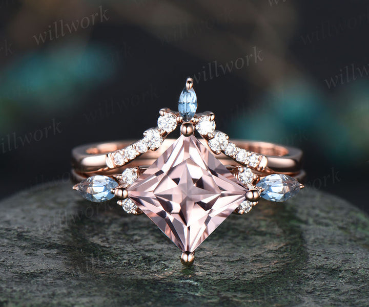Art Deco Princess Cut Natural Morganite Engagement Ring Set 14k Rose Gold Blue Topaz Moissanite 3pcs Bridal Ring Set