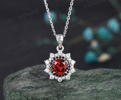 Unique Round Cut Natural Garnet Necklace Minimalist Double Halo Moissanite Black Spinel Diamond Pendant 14k White Gold January Birthstone Jewelry