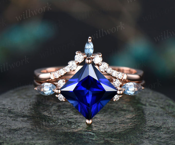 Unique Princess Cut September Birthstone Blue Sapphire Engagement Ring Set 14k Rose Gold Blue Topaz Moissanite Halo Cluster 3pcs Bridal Ring Set